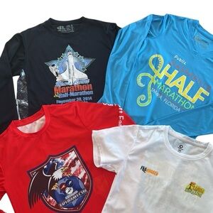 BUNDLE OF 4-WOMENS FINISHER RUNNING SHIRTS SIZES 3-SMALL, 1-MEDIUM